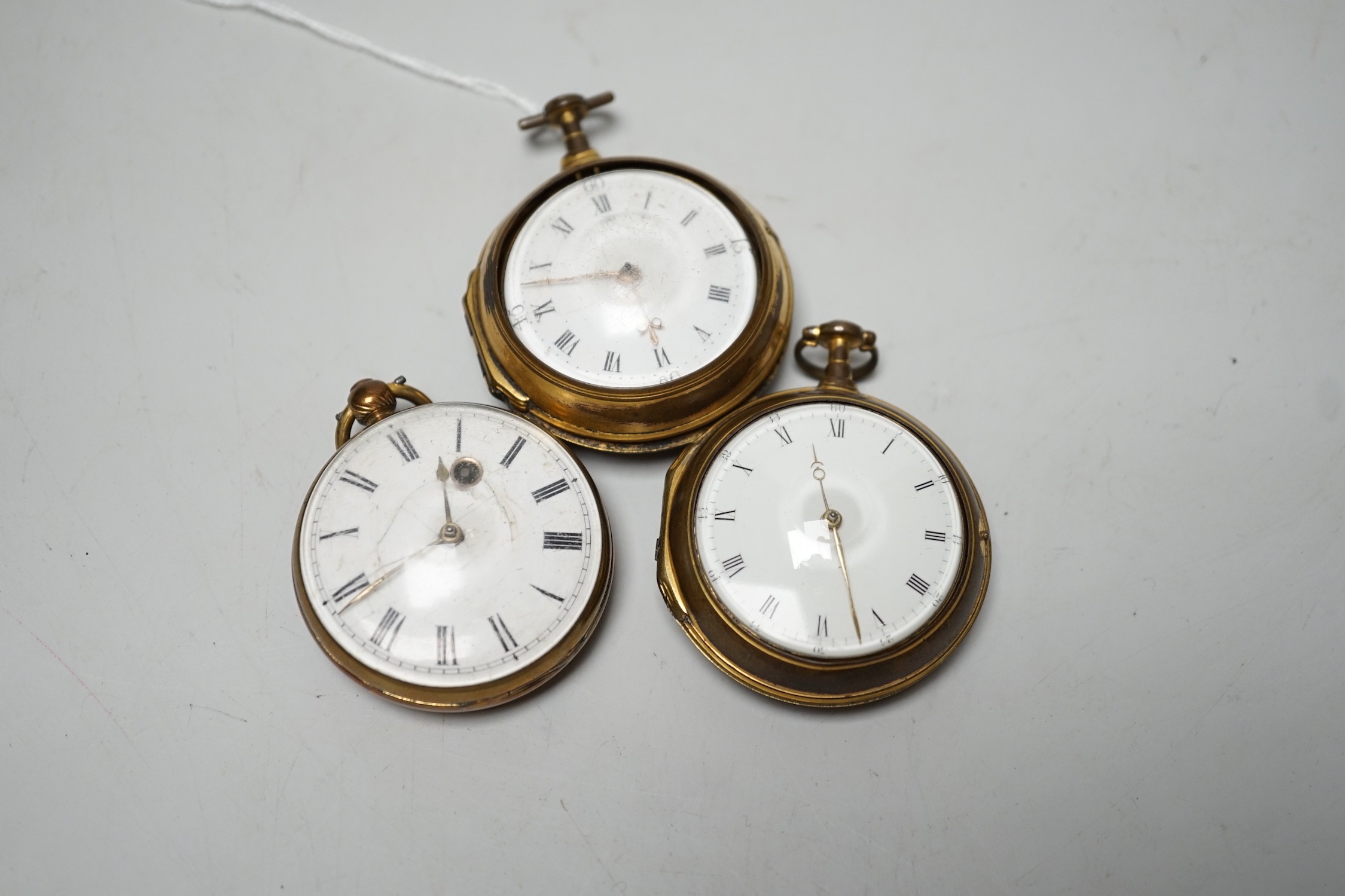 Two 18th century gilt metal pair cased keywind verge pocket watches, by J. Marriott, London and J. Watson, London, together with a 19th century gilt metal open faced verge pocket watch by T. Rowell, Brighton.